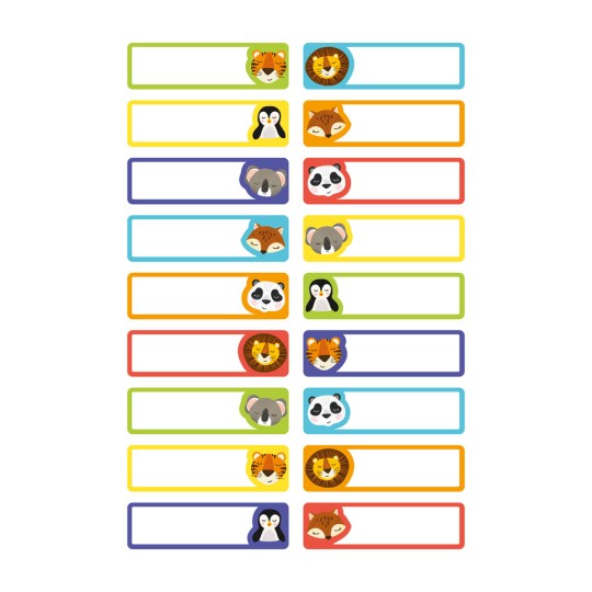 The image shows labels with illustrations of animals, including a tiger, a lion, a penguin, a fox, a koala, and a panda. Each label has a blank area for text.