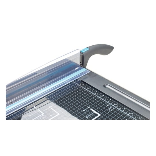 The image shows a professional paper cutter with a transparent blade and a grid-patterned cutting surface. It is designed for precise paper cutting.