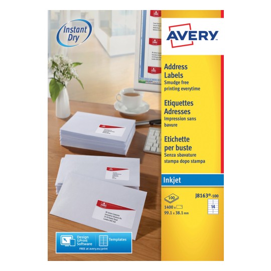 This is an image of a desk with a computer, address labels, and letters. The labels are from the brand Avery and are designed for inkjet printers. They are intended for easy labeling of letters without smudges, and free design software is available.