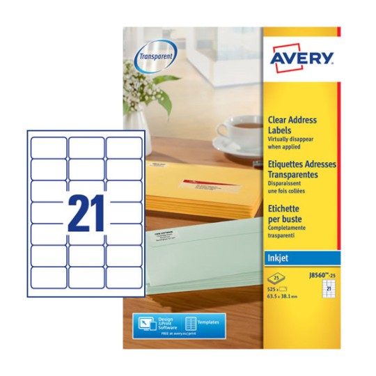 The image shows a package of transparent address labels from the Avery brand, highlighting their invisibility once applied. There is also an illustration of various colored envelopes in the background.