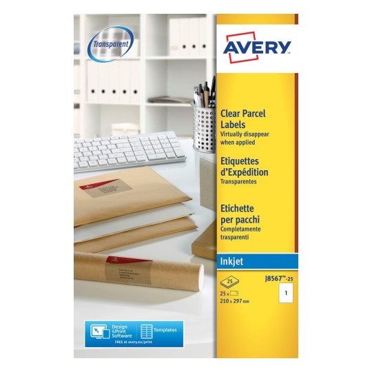 This image shows a package of transparent shipping labels from Avery. The labels are designed to be virtually invisible when applied. The image also features some shipping boxes and a keyboard, indicating an office environment.