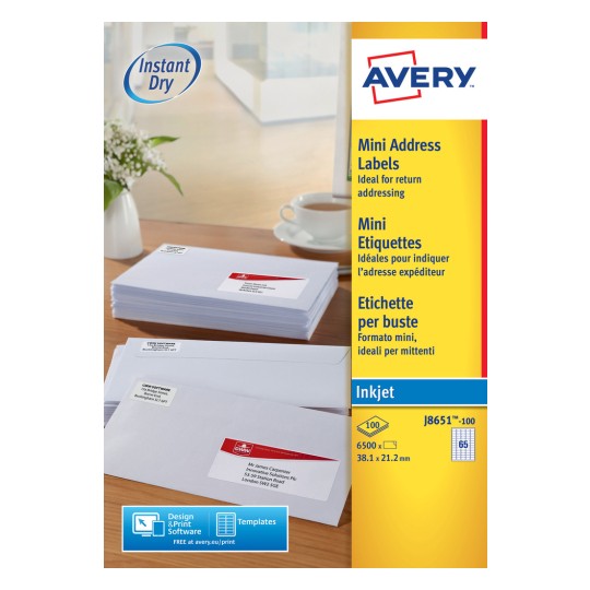 This is an image of AVERY mini address labels and a stack of envelopes with labels on them. The labels are designed for return addressing, with instructions for using design and print software.