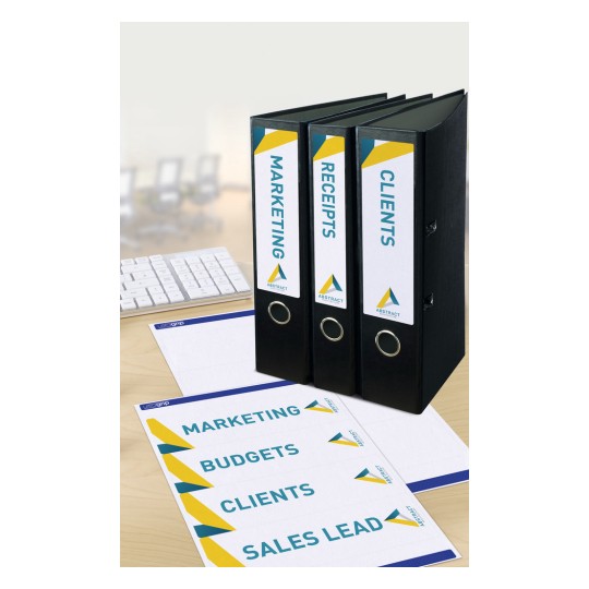 The image features three black binders labeled 'MARKETING', 'RECEIPTS', and 'CLIENTS' positioned on a desk. In front of the binders are sheets of paper with labels such as 'MARKETING', 'BUDGETS', 'CLIENTS', and 'SALES LEAD'. A keyboard is visible in the background, suggesting an office setting.