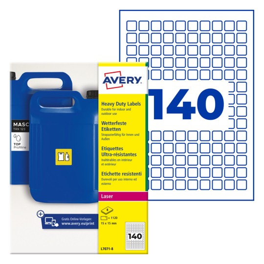 Avery heavy duty label pack with blue jerrycan image and '140' label grid