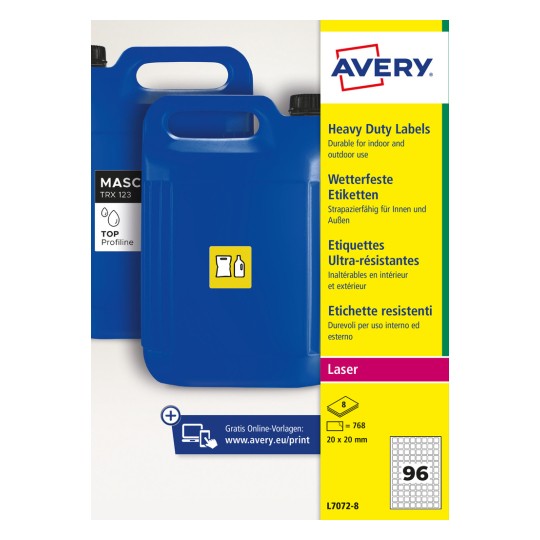 Two blue plastic jerry cans beside a yellow product label panel