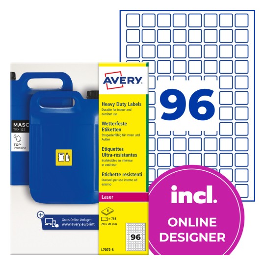 Avery heavy duty label pack showing blue containers, label sheet grid, and '96' count