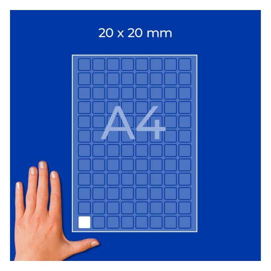 Hand next to an A4 grid sheet labeled 20 x 20 mm with small square cells