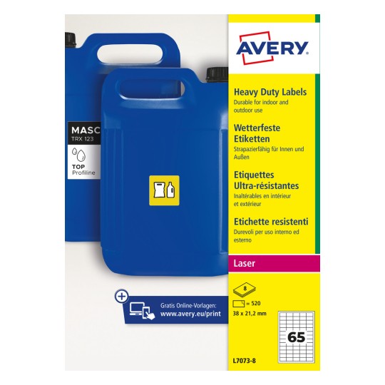Blue plastic jerrycans with Avery heavy duty labels packaging design