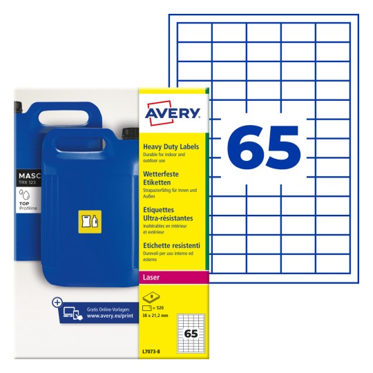 Avery heavy duty labels packaging with blue jerrycans and large number 65 grid