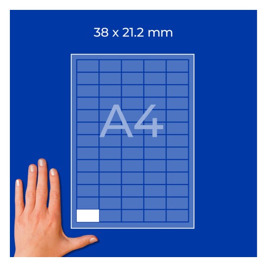 Hand next to a blue A4 grid diagram labeled 38 x 21.2 mm