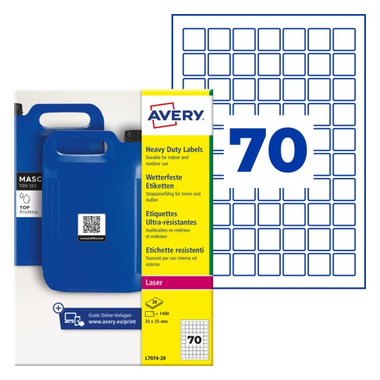 Avery heavy duty label pack with blue jerrycans and number 70 grid illustration