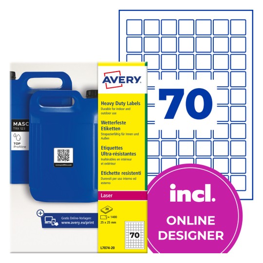 Avery heavy duty label pack showing blue jerrycans, label sheet grid, and '70' quantity