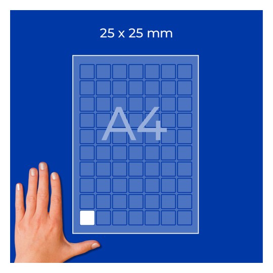 Top-down view of A4 sheet filled with 25x25 mm square labels and a hand at bottom left