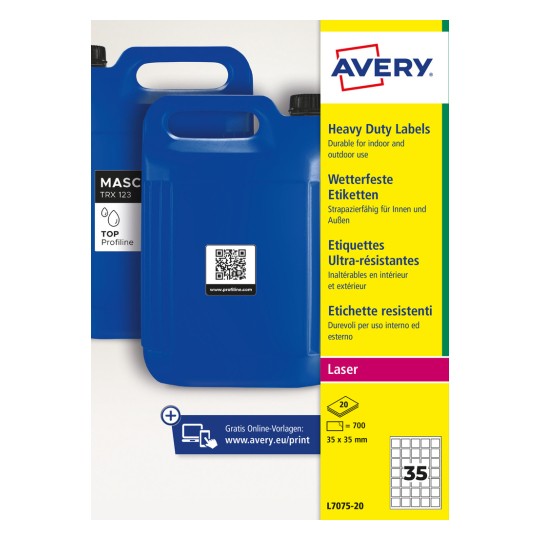 Blue plastic jerrycan with QR code label beside Avery label packaging