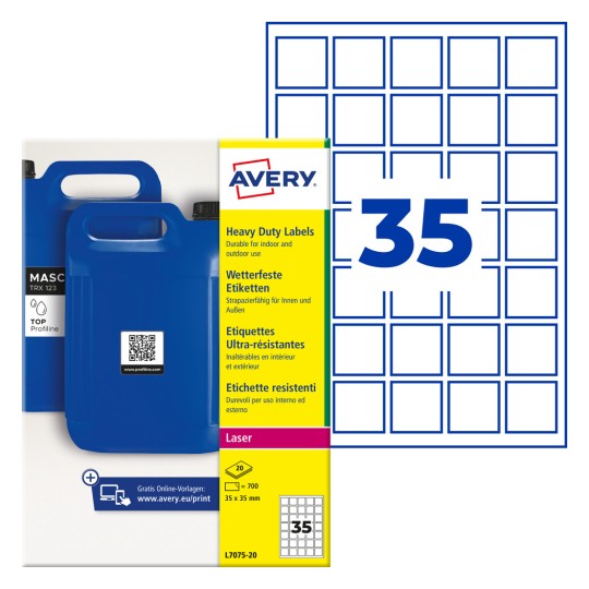Avery heavy duty label pack with blue jerrycans and grid showing 35 square labels