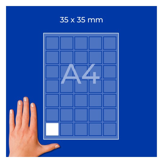 A4 sheet grid of 35×35 mm squares with one white square and a hand at bottom left