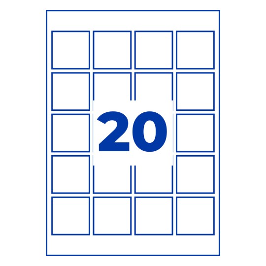 Grid of 20 blue-outlined squares with large blue number 20 in center
