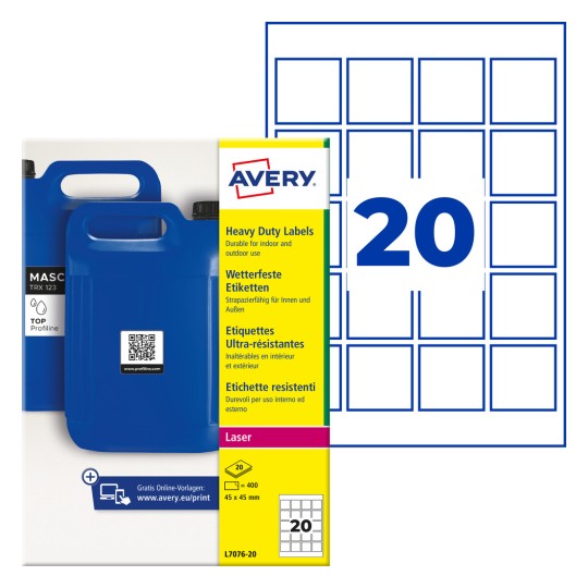 Avery heavy duty label pack with blue jerrycans and grid showing 20 square labels