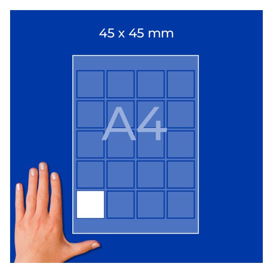 Hand next to A4 sheet mockup with 45×45 mm grid and one white square
