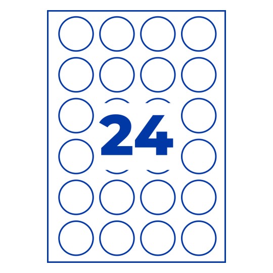 Sheet with 24 blue-outlined circle labels and large blue number 24 in center