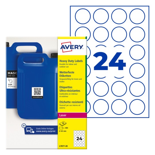 Avery heavy duty round label pack showing blue canisters and sheet with 24 circle labels
