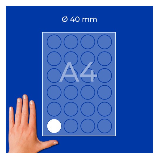 Hand next to A4 sheet with 40 mm circular stickers grid, one white sticker shown