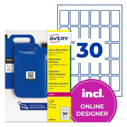 Packaging of Avery heavy duty rectangular labels with blue jerrycans and '30' grid graphic