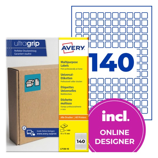 Avery multipurpose labels packaging with '140' and online designer badge