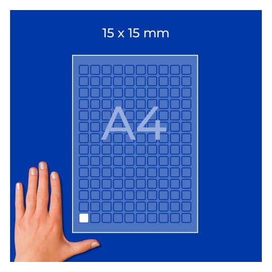 Hand next to A4 grid sheet labeled 15 x 15 mm with many small squares