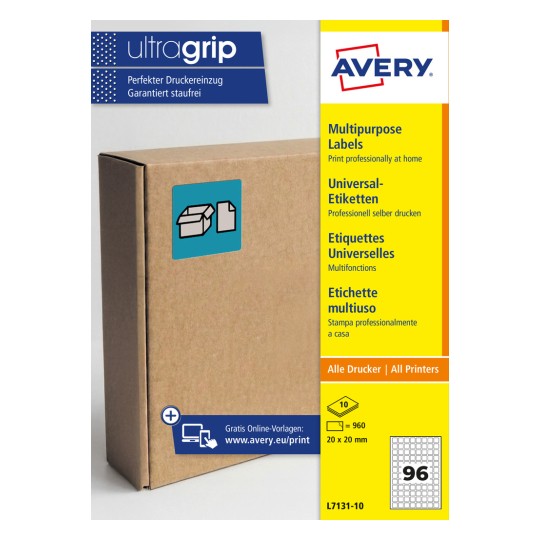 Avery multipurpose label packaging with cardboard box image and product text