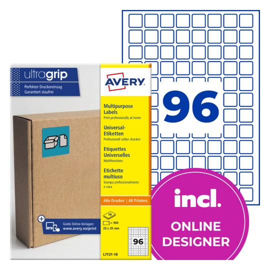 Avery multipurpose label package showing 96 small square labels and cardboard box