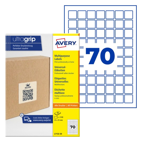 Yellow Avery multipurpose labels packaging showing 70 small square labels and a cardboard box