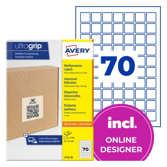 Avery multipurpose label pack with 70 small square labels and packaging