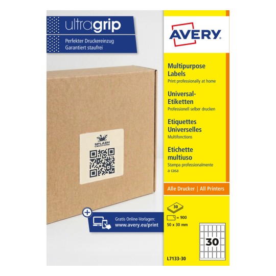 A cardboard box with a square QR-code label and Avery ultragrip label packaging sidebar