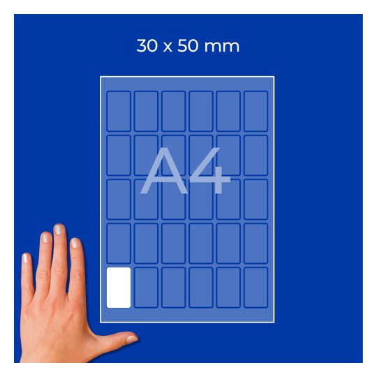 Hand beside an A4 sheet showing a 30 x 50 mm grid of label rectangles
