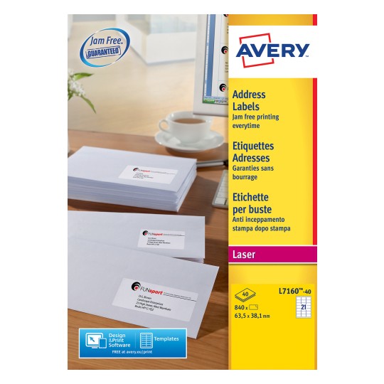 The image shows Avery address labels, with a computer, a coffee cup, and envelopes on a desk. The labels are designed for jam-free printing, with visible contact information.