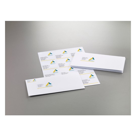 The image features a set of white envelopes displaying various addresses and a logo from the company 'ABSTRACT'. Some envelopes are stacked while others are laid out at an angle. The background is a plain grey surface.