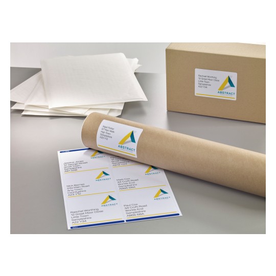 The image features a cardboard tube with an address label, a box, and several sheets of paper. The labels show names and addresses, indicating they may be for mailing purposes. There are organizational elements related to a company called 'ABSTRACT Architecture.'