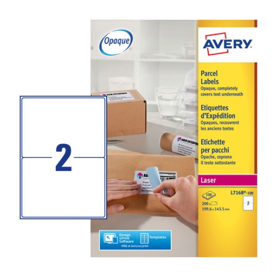 This image shows a package of Avery shipping labels. It includes a clear label with the number 2 and information about the labels, including that they are opaque and suitable for laser printers. There is also an image of a person attaching a label to a package.