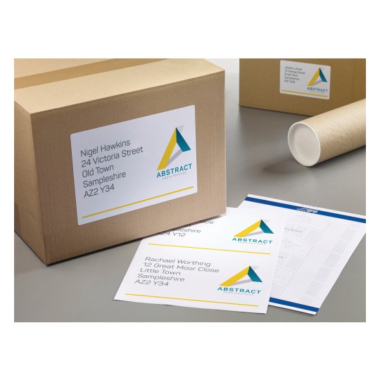 The image features cardboard boxes with address labels. One box is labeled with a name and address, and there are printed sheets with additional names and addresses, alongside a cylindrical object and a sheet with design elements. The branding 'ABSTRACT Architecture' is visible on the labels and sheets.