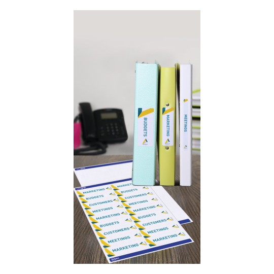 The image displays three binders labeled 'Budgets,' 'Marketing,' and 'Meetings' arranged on a wooden desk. In front of them, there's a sheet of labels featuring the same titles along with 'Customers.' A black telephone is visible in the background.