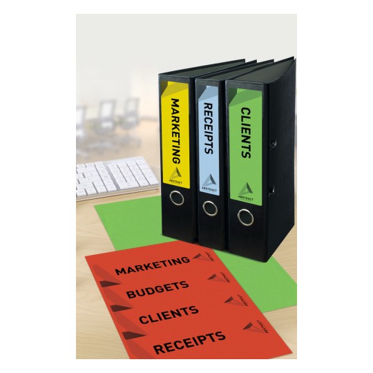 The image features three black binders labeled 'MARKETING', 'RECEIPTS', and 'CLIENTS' on a desk, alongside colorful green sheets and red folders marked with similar titles. A white keyboard is visible in the background.