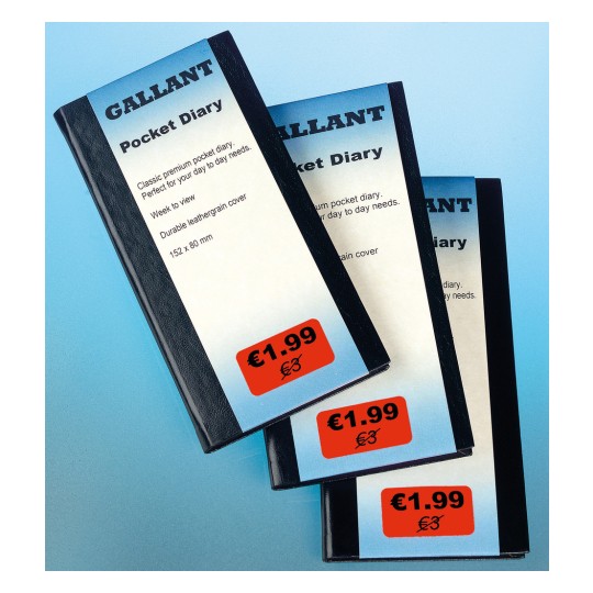 The image shows three 'Gallant' pocket diaries with artificial leather covers, priced at €1.99 each. Each diary has a description that highlights its premium quality and practicality.