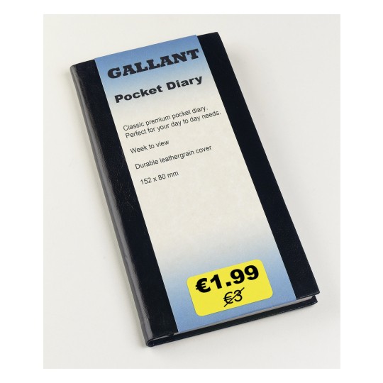 The image shows a GALLANT pocket diary with a faux leather cover. It is described as a premium diary, with a weekly view and dimensions of 152 x 80 mm. Priced at €1.99, initially €3.