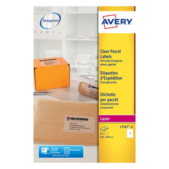 The image shows a package with clear shipping labels from Avery. The labels are almost invisible when applied, and there are examples of the labels on a box and a brown envelope. It also contains information about the product, such as the size and the number of labels per package.