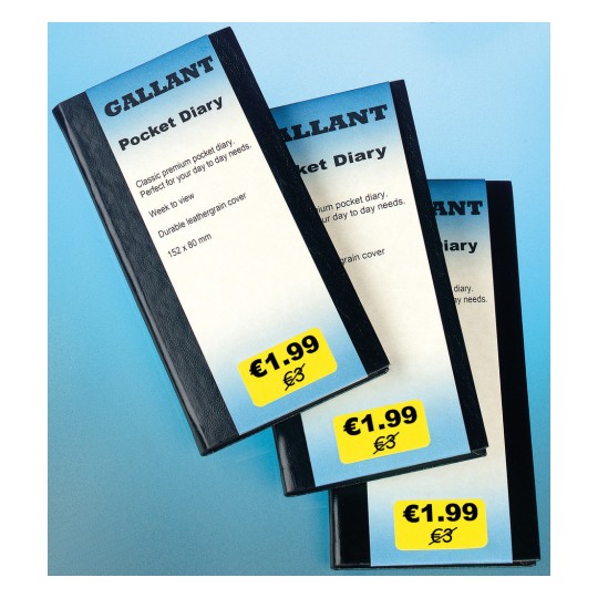 The image shows three pocket diaries with black covers and blue details. The diaries are priced at €1.99, highlighting their features such as a durable design and a size of 152 x 80 mm.
