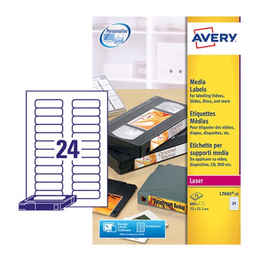 The image shows Avery media labels for labeling videos, slides, and discs, with a pack containing 24 labels of size 72x21.1 mm.