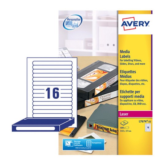 Image of Avery media labels package, featuring labels designed for videos, slides, and discs, with a quantity of 16 labels shown.