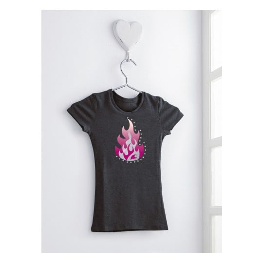 The image shows a grey t-shirt hanging on a wall. The t-shirt features a pink flame design on the front, bordered with small rhinestones. It is hung from a white heart-shaped hook.