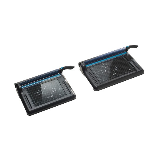 The image shows two paper trimmers with a grid surface and cutting blade, typically used for precise paper cutting.